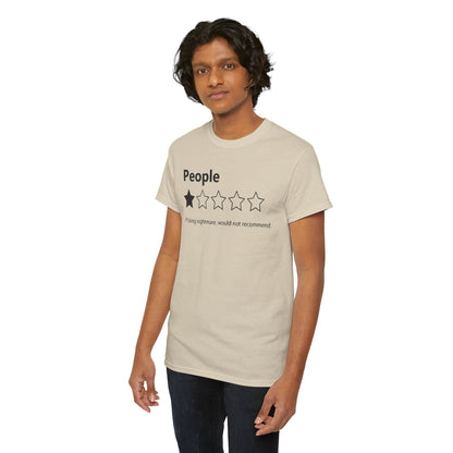 Stylish young man showcasing a high-end beige t-shirt with striking 'People' design and star rating, effortlessly blending elegance with playful messaging.