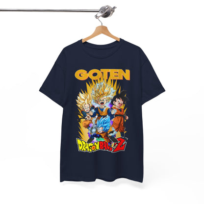 Artfully displayed Dragon Ball Z 'GOTEN' T-shirt hanging elegantly, featuring bold graphics and premium quality fabric for anime lovers.