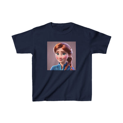 Kids Frozen Anna Heavy Cotton T-Shirt featuring a vibrant illustration of the beloved character Anna from Frozen, designed for stylish comfort in 16 colours.