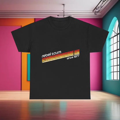 Sleek black Star Wars Rebel Scum Graphic T-Shirt against a colourful backdrop, perfect for capturing attention with its unique streetwear design.