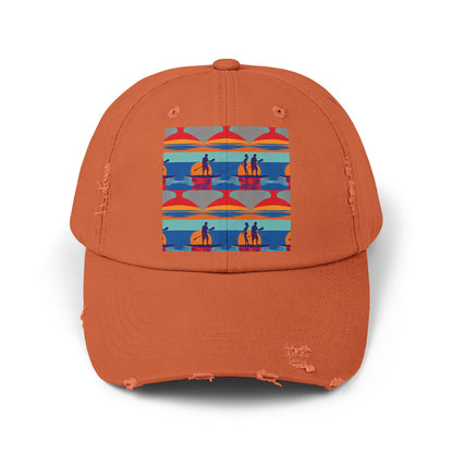 Unisex Distressed Cap featuring a fantasy paddleboarding scene, perfect for adventurous water lovers, presented in an elegant orange hue.