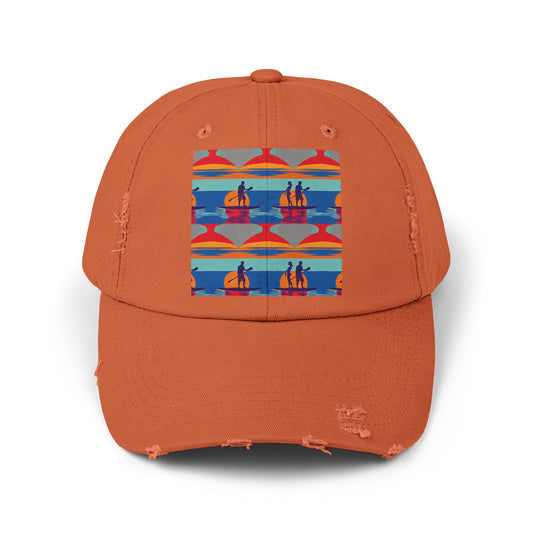 Unisex Distressed Cap featuring a fantasy paddleboarding scene, perfect for adventurous water lovers, presented in an elegant orange hue.