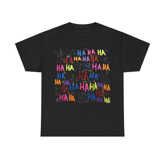 Vibrant HAHA Graphic Unisex T-Shirt in black, showcasing a playful and colourful design of the word 'HAHA' in various hues, ideal for vibrant self-expression.