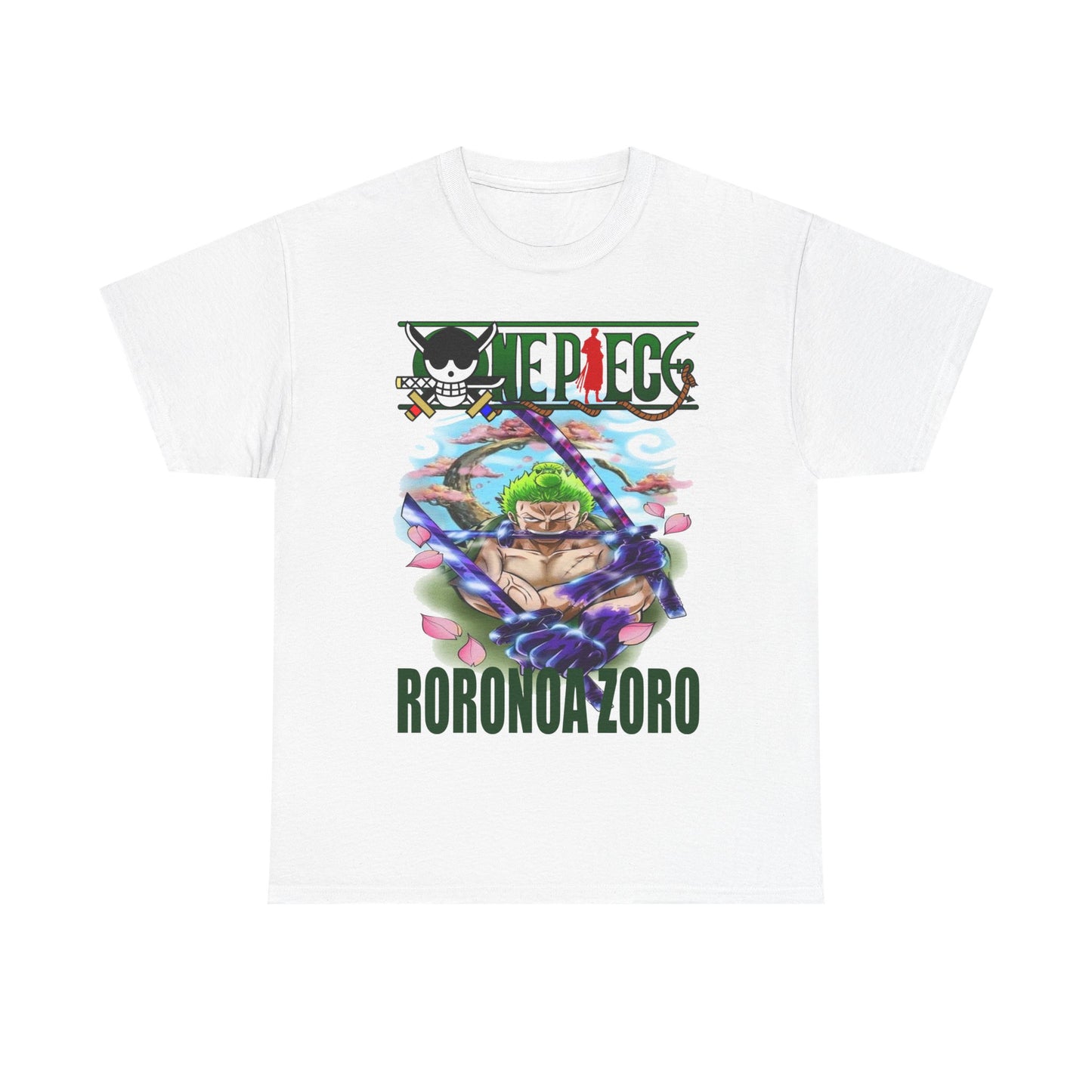 Elegant white Roronoa Zoro graphic t-shirt showcasing a striking design of the character with katanas and floral elements, ideal for cultured fashion lovers.