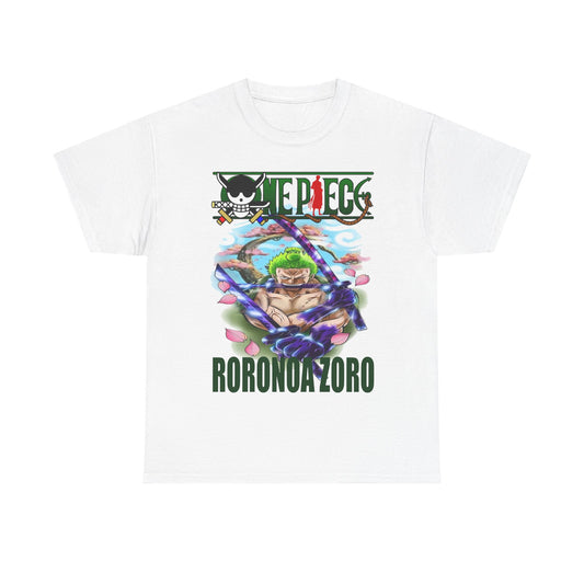 Elegant white Roronoa Zoro graphic t-shirt showcasing a striking design of the character with katanas and floral elements, ideal for cultured fashion lovers.