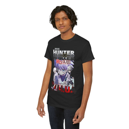 Another model adorned in the striking black Hunter x Hunter t-shirt, highlighting the bold graphic design of Killua, appealing to collectors and fans alike.