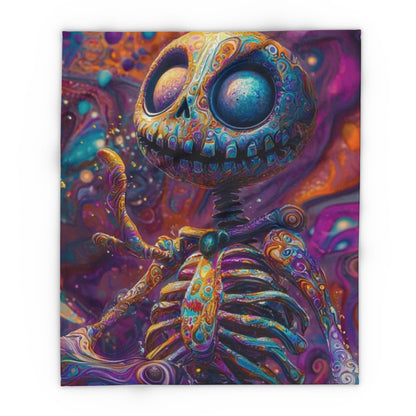 Decorative and Warm Halloween Skellington Spooky Arctic Fleece Blanket showcasing a beautifully detailed skeleton in a colourful, whimsical style, ideal for creating a cozy and stylish atmosphere this Halloween.