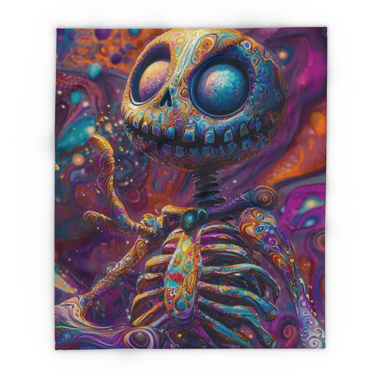 Decorative and Warm Halloween Skellington Spooky Arctic Fleece Blanket showcasing a beautifully detailed skeleton in a colourful, whimsical style, ideal for creating a cozy and stylish atmosphere this Halloween.