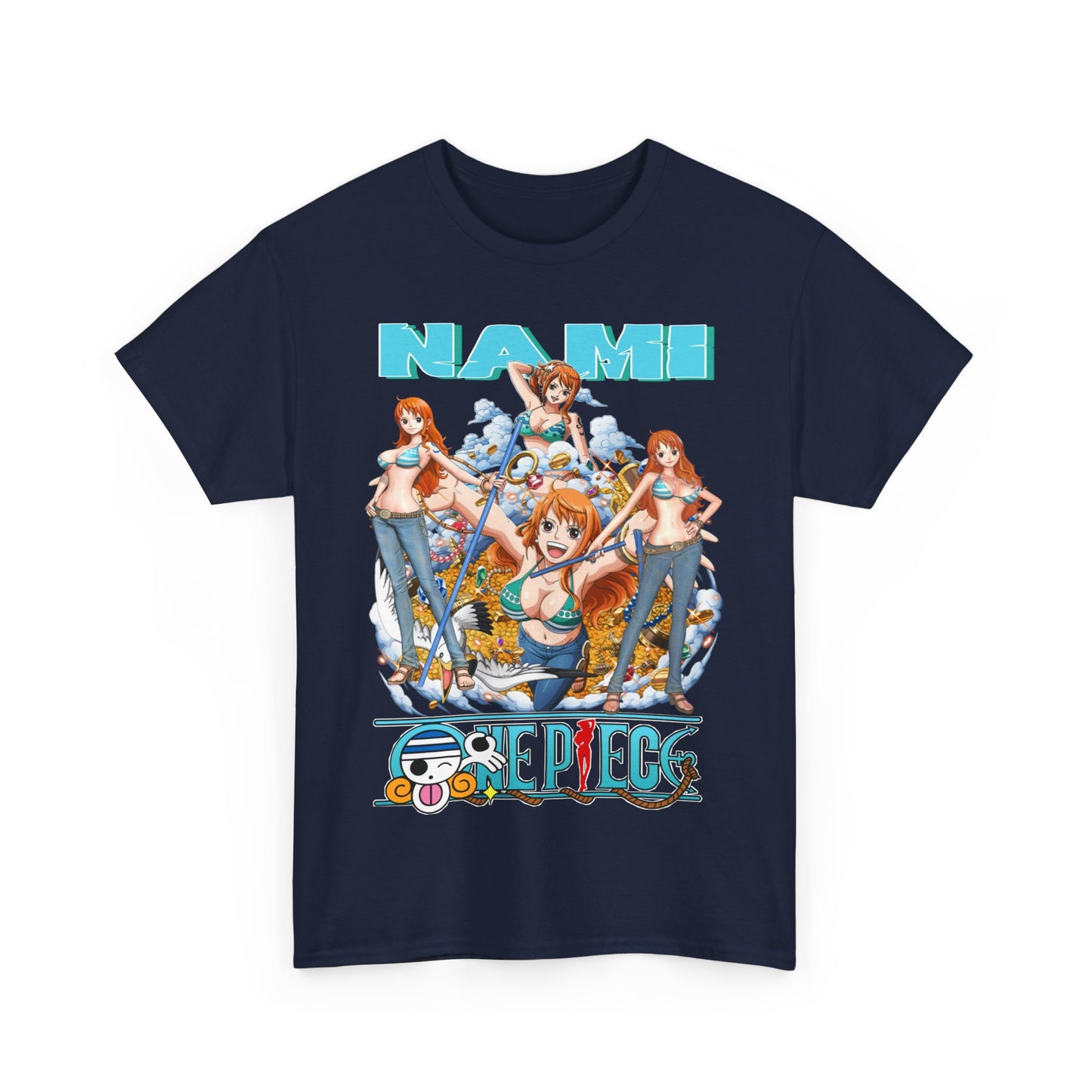 Stylish Nami Anime T-Shirt displayed on a flat surface, featuring stunning graphics and intricate detailing of the character, ideal for elevating casual outfits.