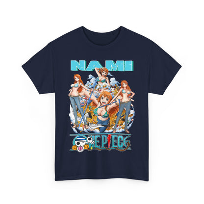 Stylish Nami Anime T-Shirt displayed on a flat surface, featuring stunning graphics and intricate detailing of the character, ideal for elevating casual outfits.