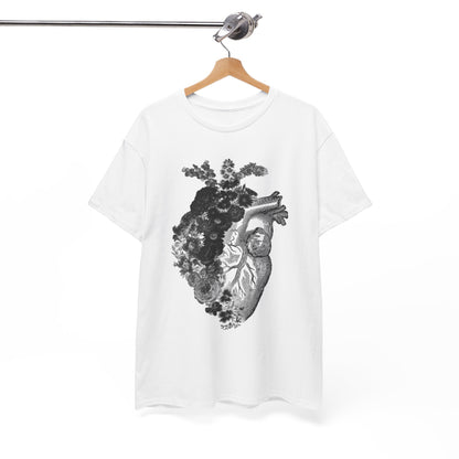 Elegant floral heart graphic t-shirt showcased on a wooden hanger, featuring a detailed illustration of a heart adorned with delicate flowers, perfect for a unique and sophisticated wardrobe.