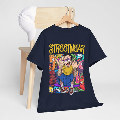 Refined photo of a fashionable streetwear t-shirt draped over a chair, complemented by a cap, highlighting the unique cartoon graphic and bold colours.