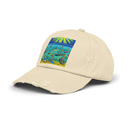 Unisex Distressed Paddleboarders Cap displayed at an angle, highlighting its trendy distressed look and artful paddleboarding graphic for outdoor enthusiasts.