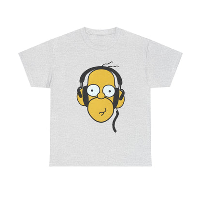 Refined grey unisex cotton t-shirt featuring the whimsical Homer Simpson in headphones, known as the 'Hear the Hilarity Homer Simpson Headphones Tee'. Perfect blend of comfort and charm.