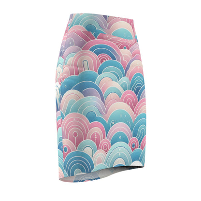 Model wearing the Marcella Kensington Pencil Skirt by Dazzling Dreams Studio, highlighting the chic silhouette and enchanting pastel gradient design.