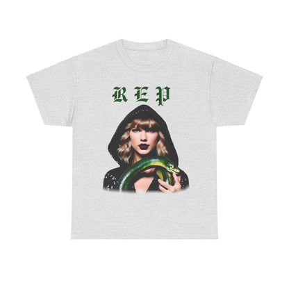 Taylor Swift Reputation Era unisex cotton t-shirt in heather grey featuring an exquisite design of Taylor Swift in a hooded outfit with a green snake, designed for dedicated Swifties. Available in 8 colours.