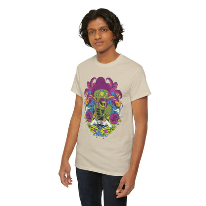 Contemporary model showcasing a Vibrant Skeleton T-Shirt, adorned with an eye-catching design of a skeleton and vivid aquatic creatures, perfect for a stylish casual look.