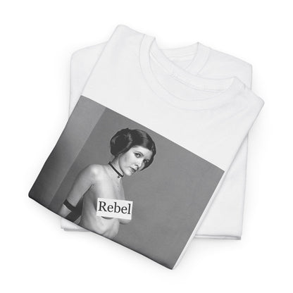 Star Wars Princess Leia Funny Men's Women's Graphic T-Shirt Unisex Cotton, neatly folded in white, displaying a chic black and white graphic of Princess Leia with 'Rebel' label, a must-have addition to any stylish wardrobe.