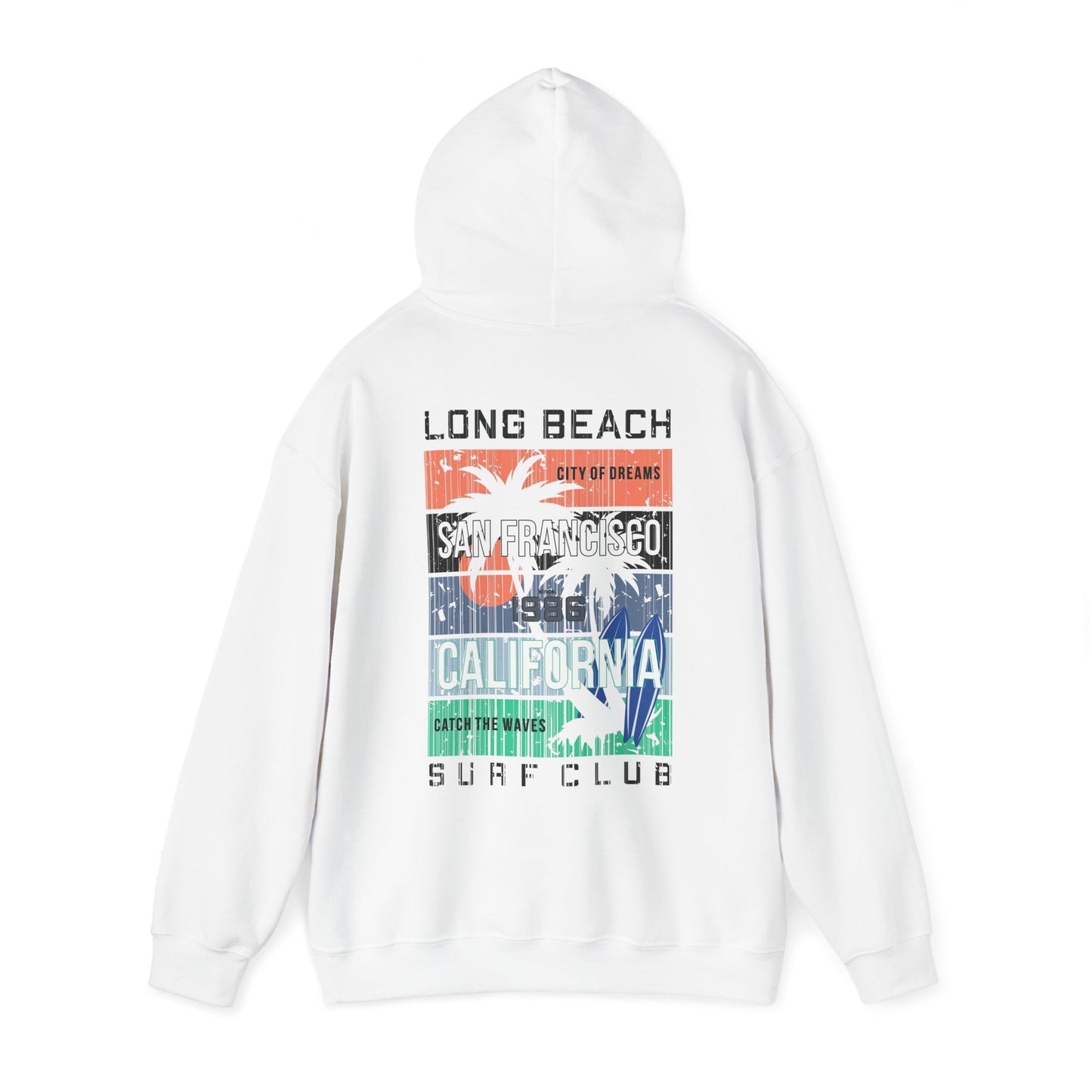 Premium white hoodie adorned with a striking San Francisco surf club design, incorporating palm trees and bold typography, perfect for elevating casual elegance.