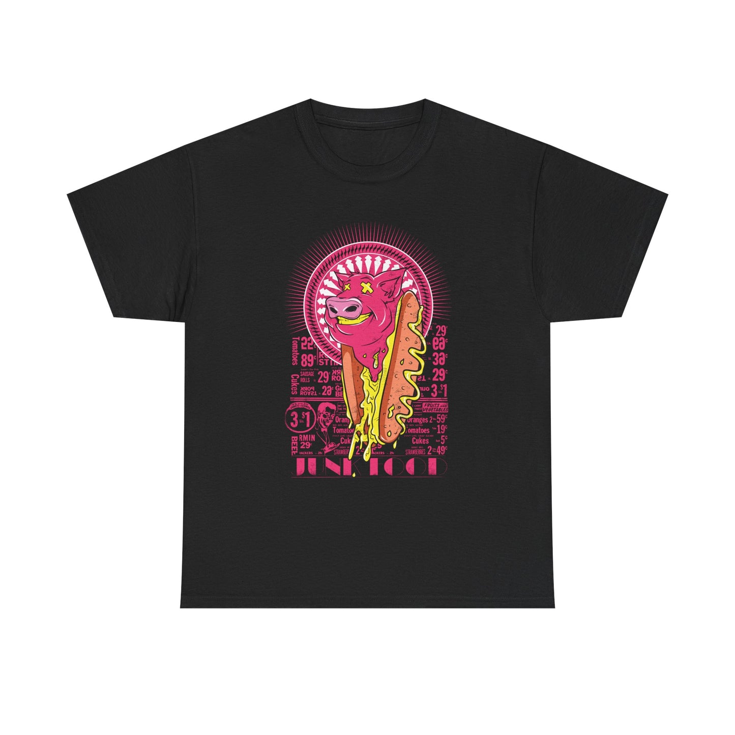 Stylish black men's t-shirt showcasing a playful vintage graphic of a pink pig with a cartoon hot dog, embellished with retro typography, perfect for adding a quirky yet elegant touch to casualwear.