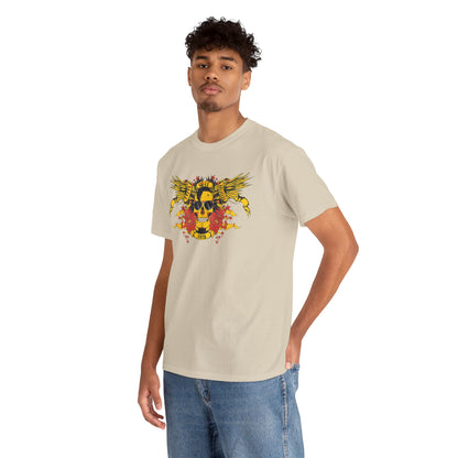 Fashionable model wearing the Bold Yellow Skull Graphic T-Shirt, combining edgy skull graphics with elegant floral accents for a contemporary, luxurious outfit.
