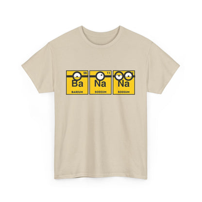 Men's Funny T-Shirt featuring a Minions Periodic Table design with symbols Ba, Na, Na. Perfect for chemistry lovers who enjoy humour. T Shirt, Funny, Minions.