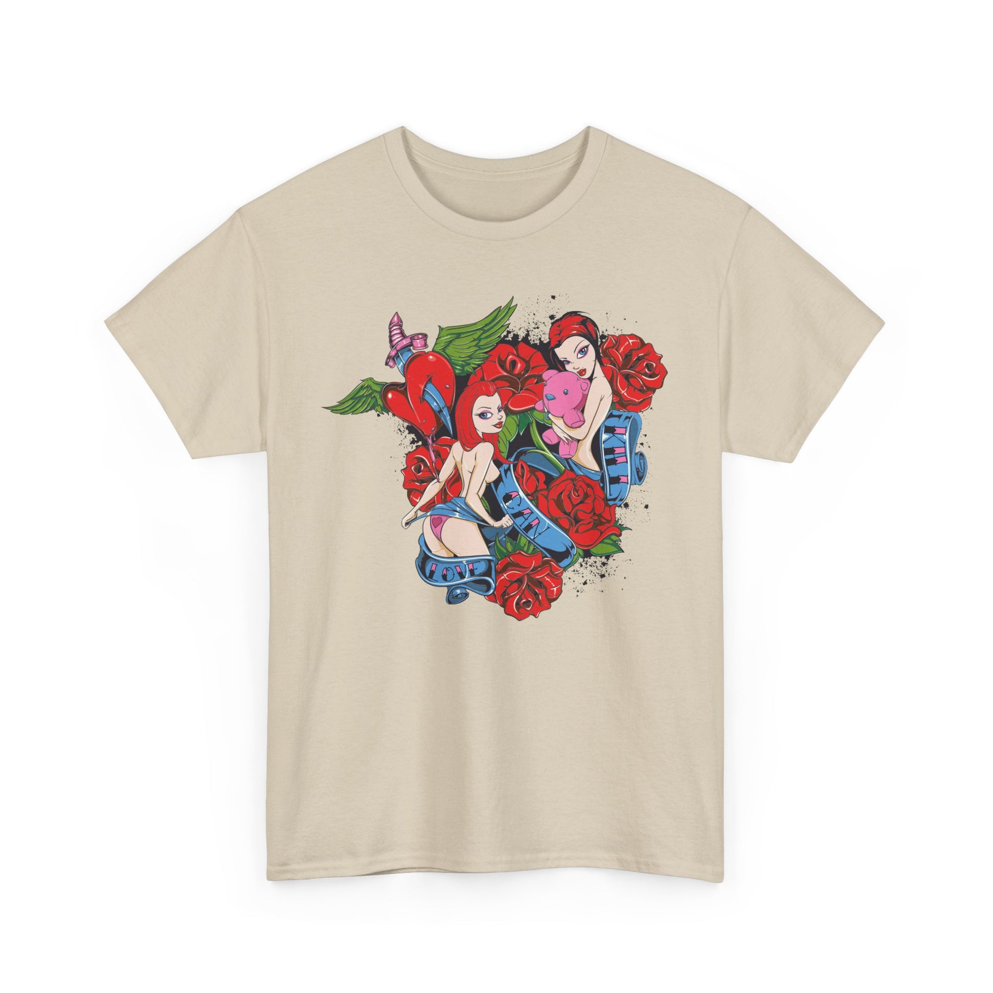 Elegant beige t-shirt adorned with striking pin-up graphic design featuring playful elements like roses and hearts, suitable for chic casual outings.
