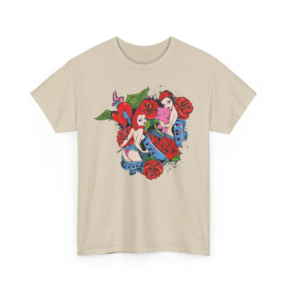 Stylish beige t-shirt featuring a vibrant graphic design of two stylish pin-up girls surrounded by roses and playful elements, perfect for making a bold fashion statement.