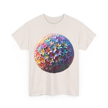 Iridescent Floral Sphere Unisex Cotton Tee Graphic T Shirt showcasing a vibrant floral sphere design with an iridescent finish, perfect for elevating your style.