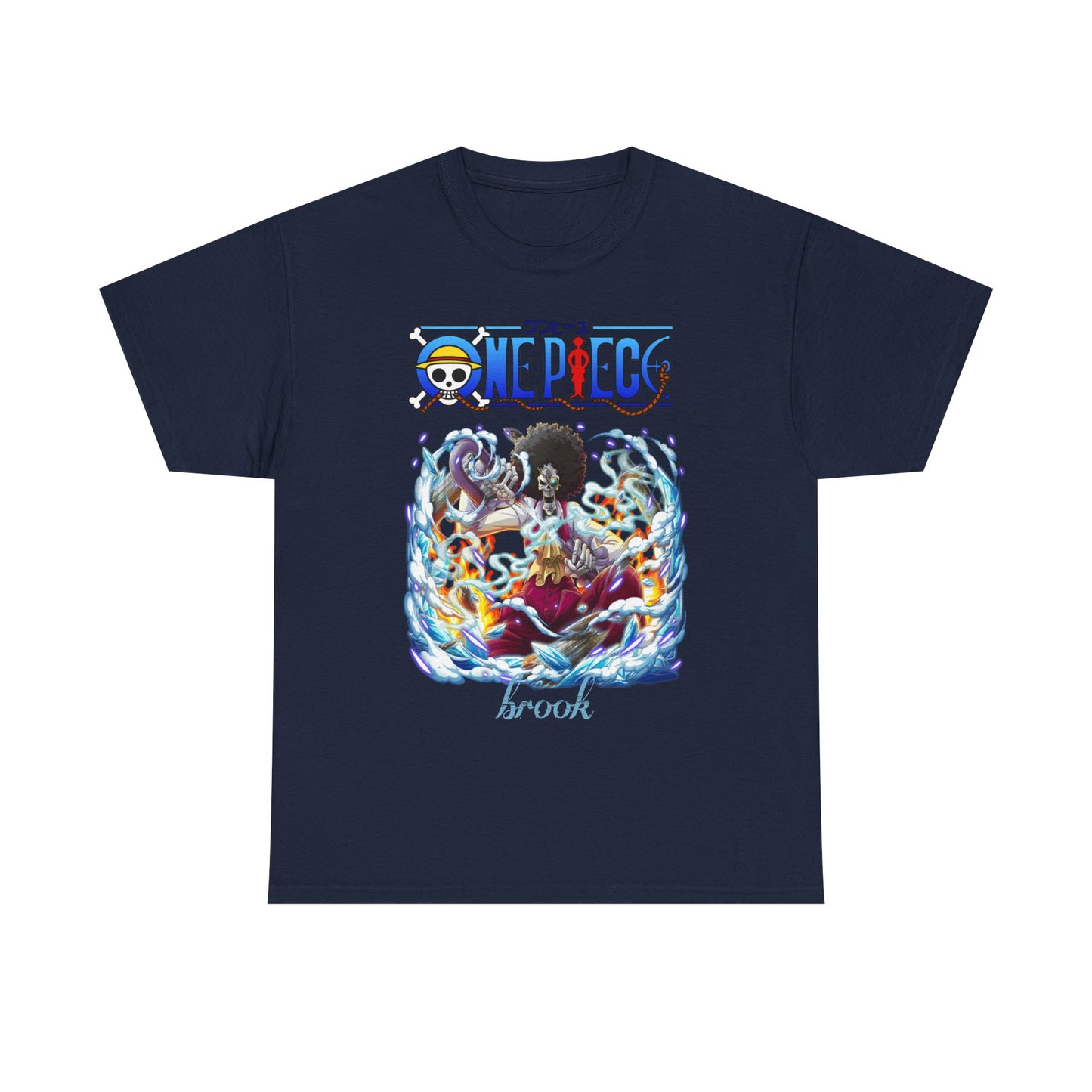 Stylish men's t-shirt in deep navy, adorned with a stunning depiction of Brook from One Piece, enhanced by dynamic visual elements of water and flames.