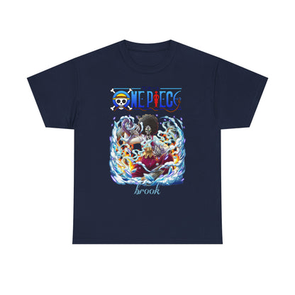 Stylish men's t-shirt in deep navy, adorned with a stunning depiction of Brook from One Piece, enhanced by dynamic visual elements of water and flames.