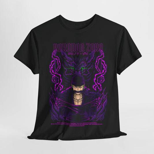 Elegantly designed black Roronoa Zoro graphic tee featuring a striking illustration of the iconic anime character with dramatic purple energy accents, perfect for bold fashion statements.