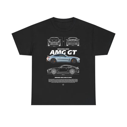 Luxurious black men's t-shirt featuring a stunning Mercedes-AMG GT graphic design, showcasing detailed line drawings and bold branding. Ideal for automotive enthusiasts.