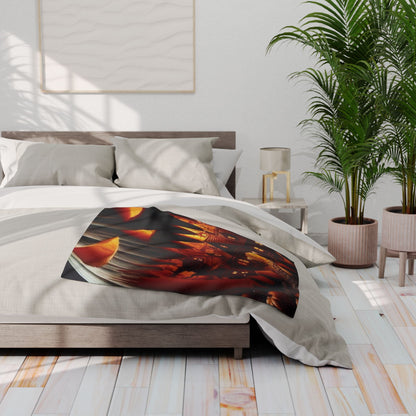 Decorative and Warm Halloween Spooky Arctic Fleece Blanket beautifully arranged on a bed, featuring enchanting Halloween designs that create an inviting and seasonal ambience.