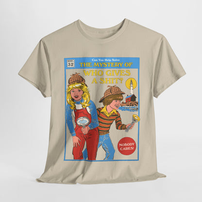 Luxurious unisex graphic t-shirt showcasing a whimsical design inspired by the humorous book 'The Mystery of Who Gives a Shit?' featuring two child detectives on a light background.
