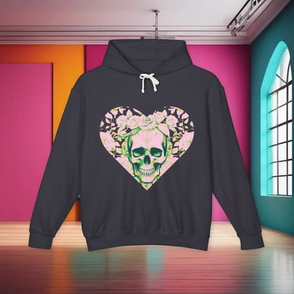 Unisex Lightweight Hooded Sweatshirt displaying a vibrant designer skull and roses graphic on a charcoal background, ideal for making a bold fashion statement.