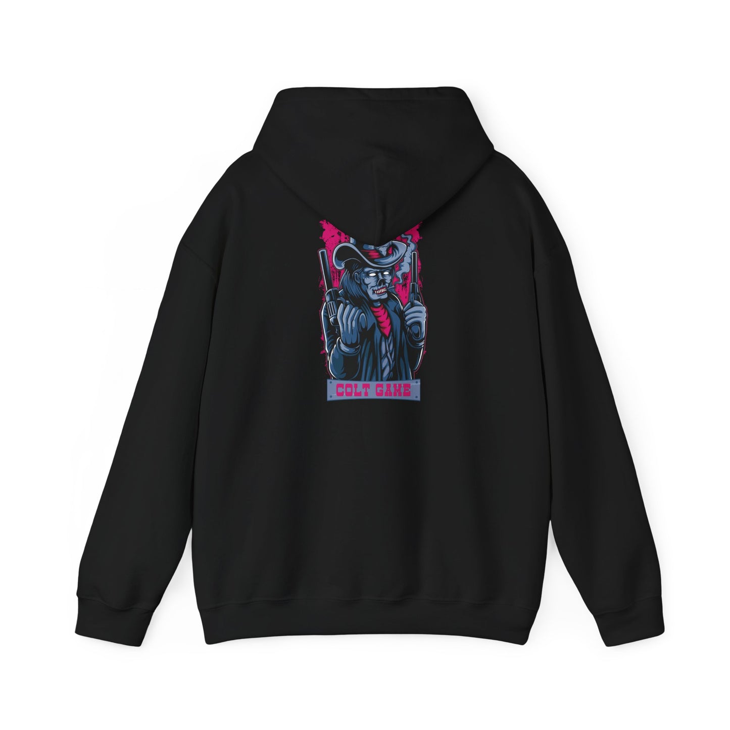 Back view of an elegant black hoodie featuring a vivid graphic design of a bold character with gold revolvers, framed by dynamic elements and stylish typography.