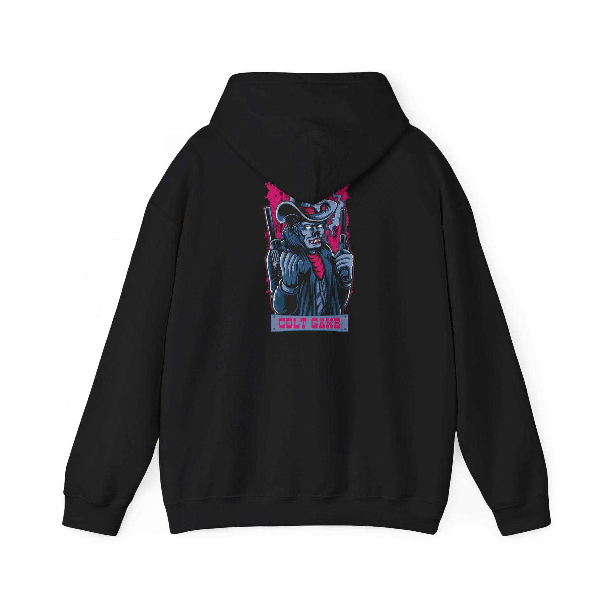 Back view of an elegant black hoodie featuring a vivid graphic design of a bold character with gold revolvers, framed by dynamic elements and stylish typography.