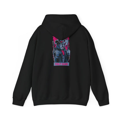Back view of an elegant black hoodie featuring a vivid graphic design of a bold character with gold revolvers, framed by dynamic elements and stylish typography.