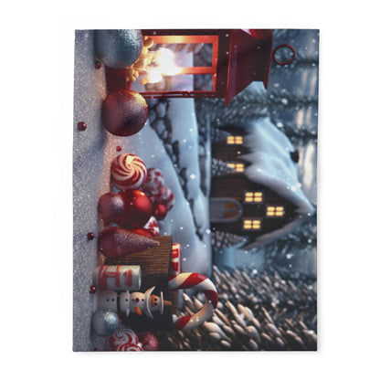 Decorative and Warm Christmas Arctic Fleece Blanket showcasing a festive winter scene with snow, a red lantern, sparkling ornaments, and a charming cabin in the background.
