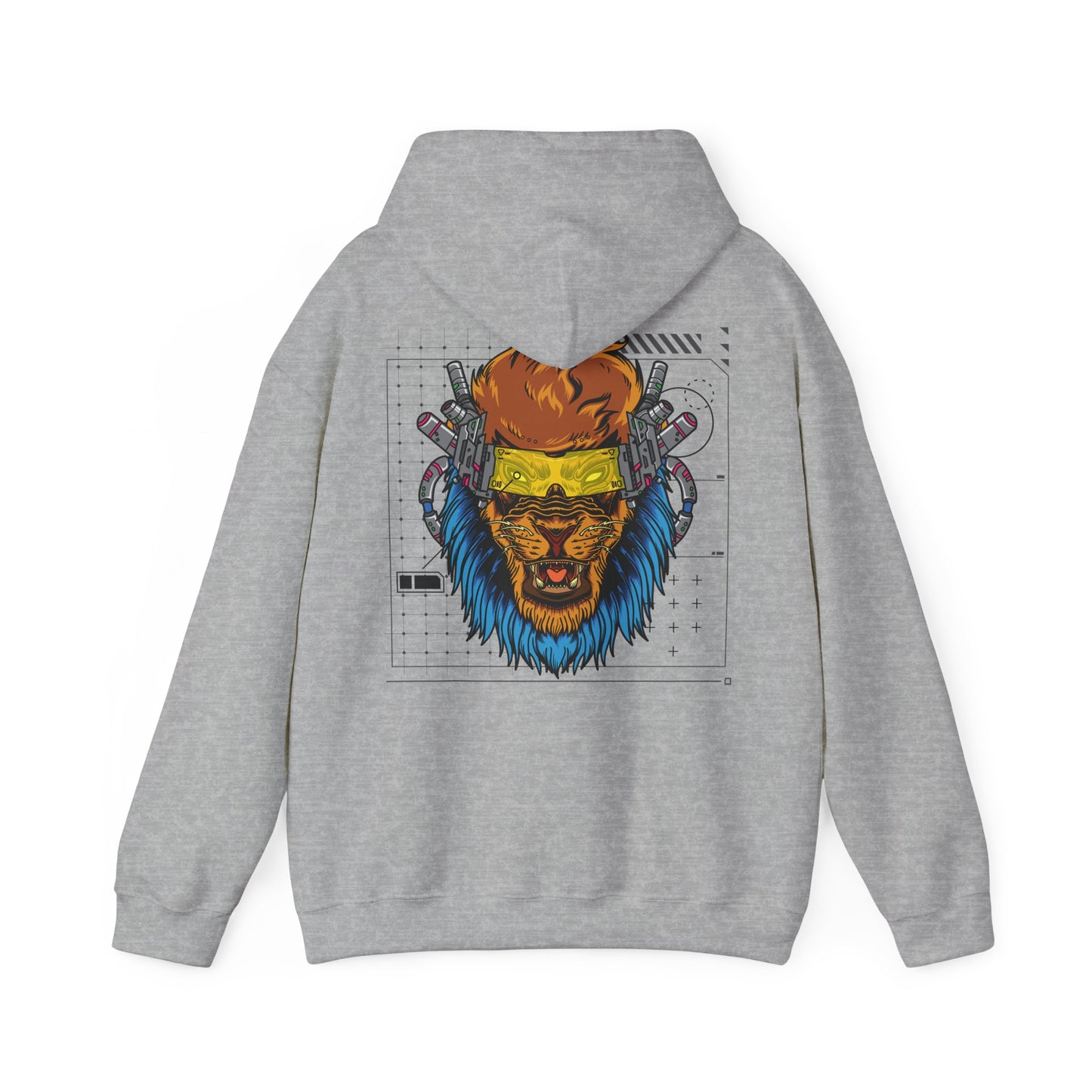 Chic grey hoodie embellished with a dazzling cyberpunk lion graphic on the back, merging luxury and contemporary aesthetics for a unique fashion experience.