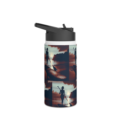 Fantasy Paddleboarding Stainless Steel Water Bottle with a chic design of a solitary paddleboarder, perfect for luxury hydration on paddleboarding excursions.
