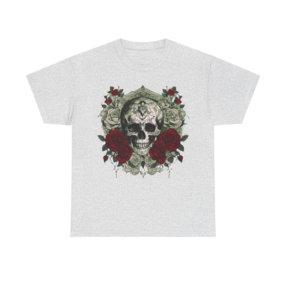 Skulls and Roses Cotton Tee in light grey, highlighting a captivating skull and rose graphic, designed to elevate your fashion with its unique, luxurious flair.