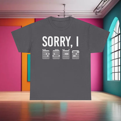 Sorry I DGAF Graphic T-Shirt with elegant chord illustrations on a contemporary grey fabric, showcasing a blend of music and fashion.