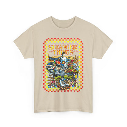 Chic beige Stranger Things Rink O Mania graphic tee presenting eye-catching '80s motifs, ideal for fashion-forward enthusiasts of the beloved series.