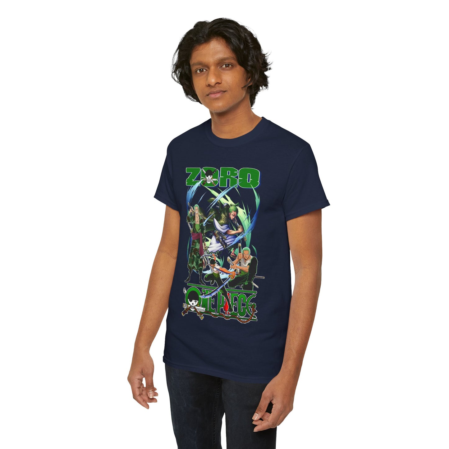 Fashionable male model wearing a navy blue One Piece T-shirt featuring Zoro, embodying the spirit of adventure and anime elegance.