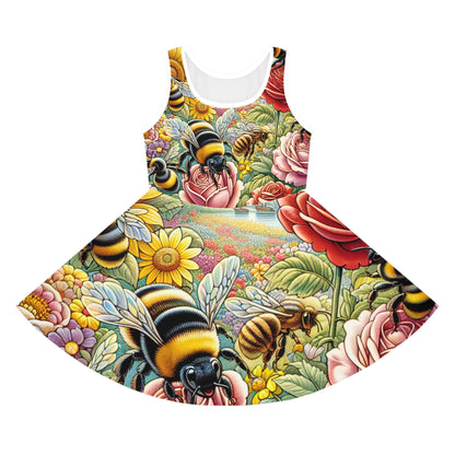 Sophia Childress Girls Summer Sundress by Dazzling Dreams Studio featuring elegant floral and bumblebee design, perfect for summer outings.