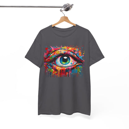 Artistic unisex t-shirt hanging on a wooden hanger, featuring a bold eye design with vivid colours, perfect for making a style statement.