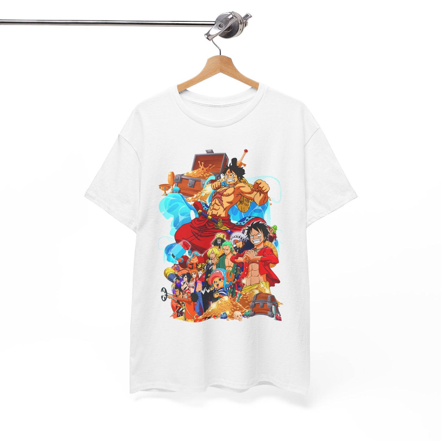 Luxurious white men's T-shirt featuring an intricate, colourful illustration of iconic anime heroes celebrating adventure and camaraderie, ideal for anime enthusiasts.
