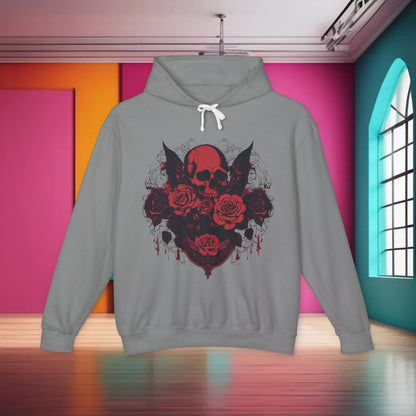 Unisex Lightweight Hooded Sweatshirt in light grey featuring a bold skull and roses design, exuding casual luxury in a chic setting.